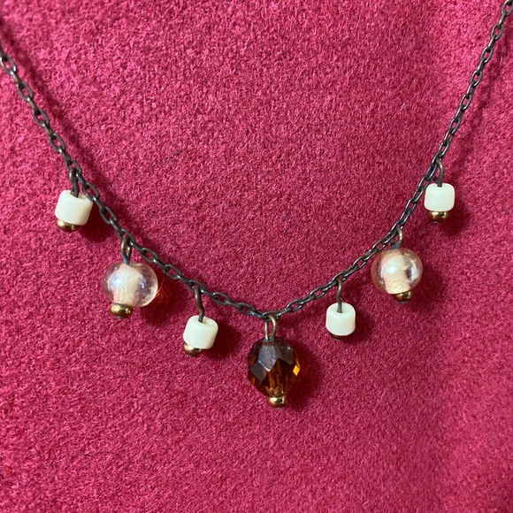 Brown colored metal necklace with cream and brown glass beads, 7", lobster claw. - Picture 4 of 6